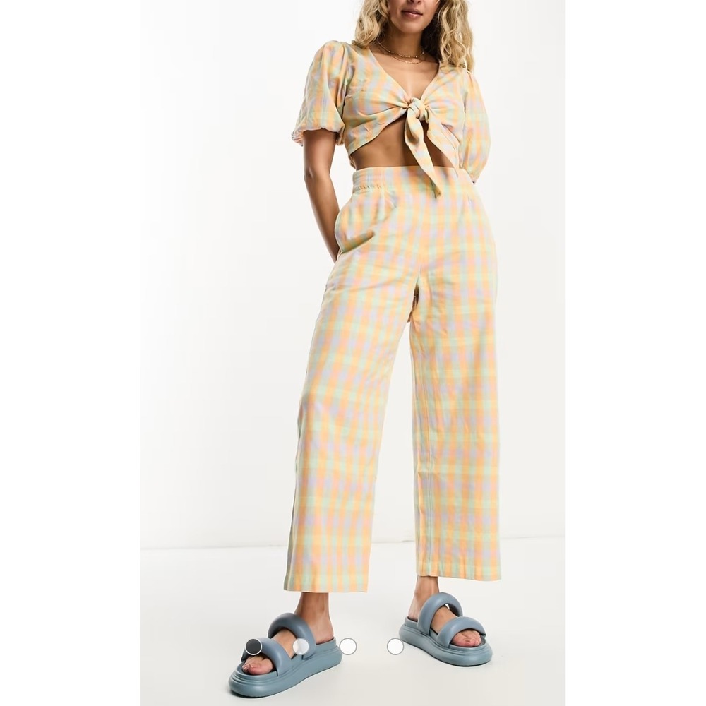 Billabong Pastel Plaid Wide Leg Pants - Yellow, Pink, Blue